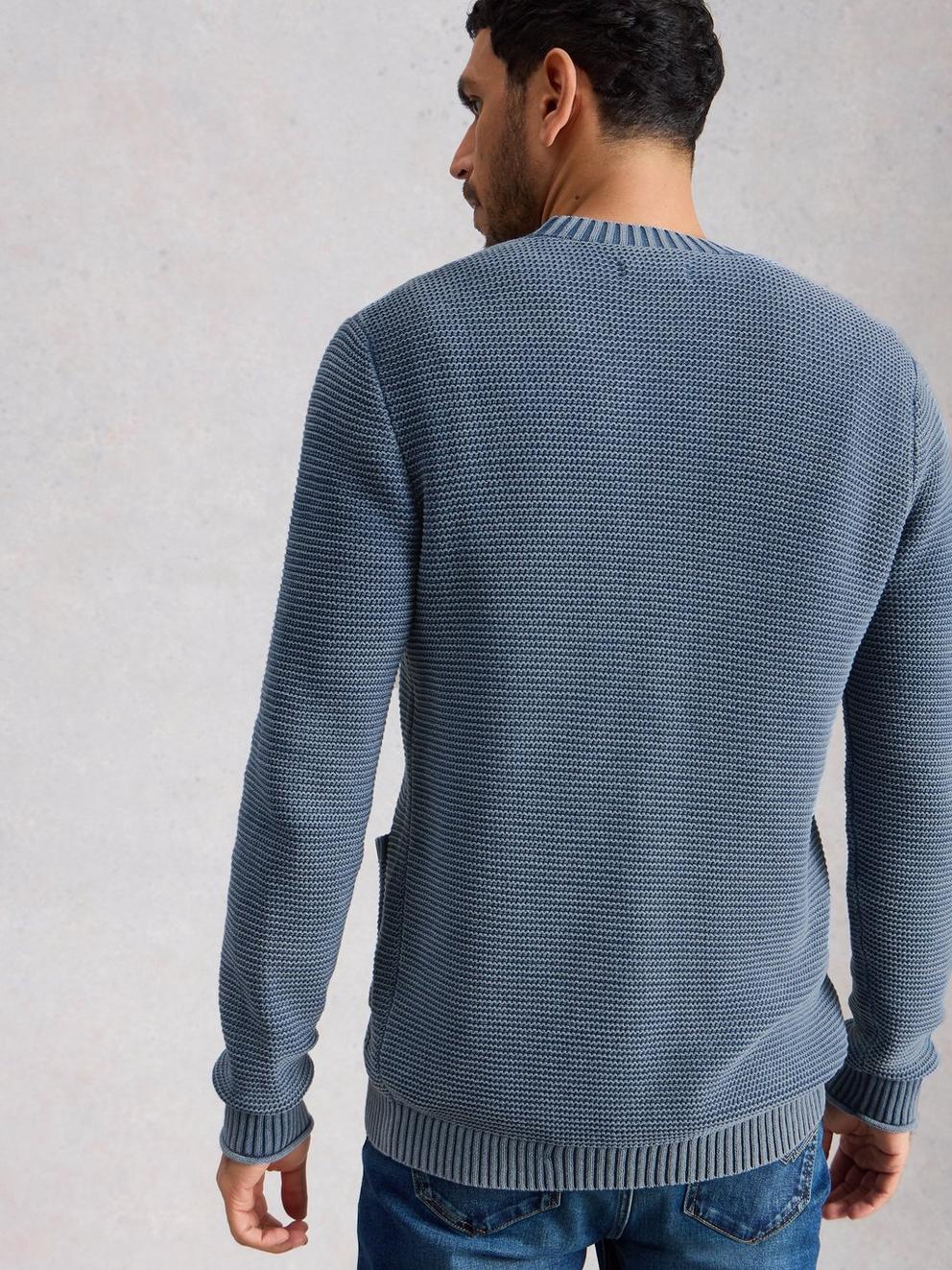 Gatley Cardigan in DUS BLUE - MODEL BACK
