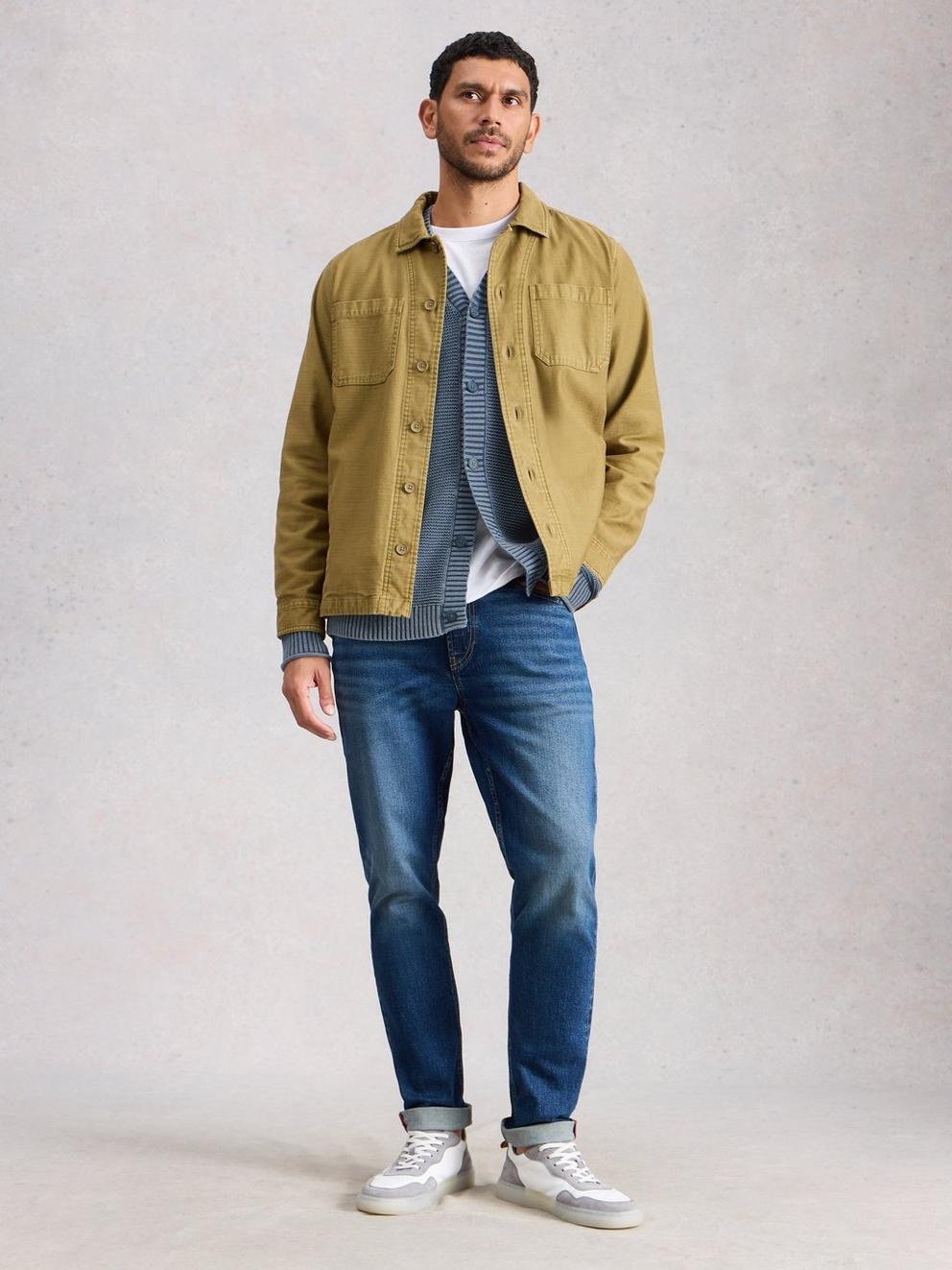 Gatley Cardigan in DUS BLUE - MODEL FRONT