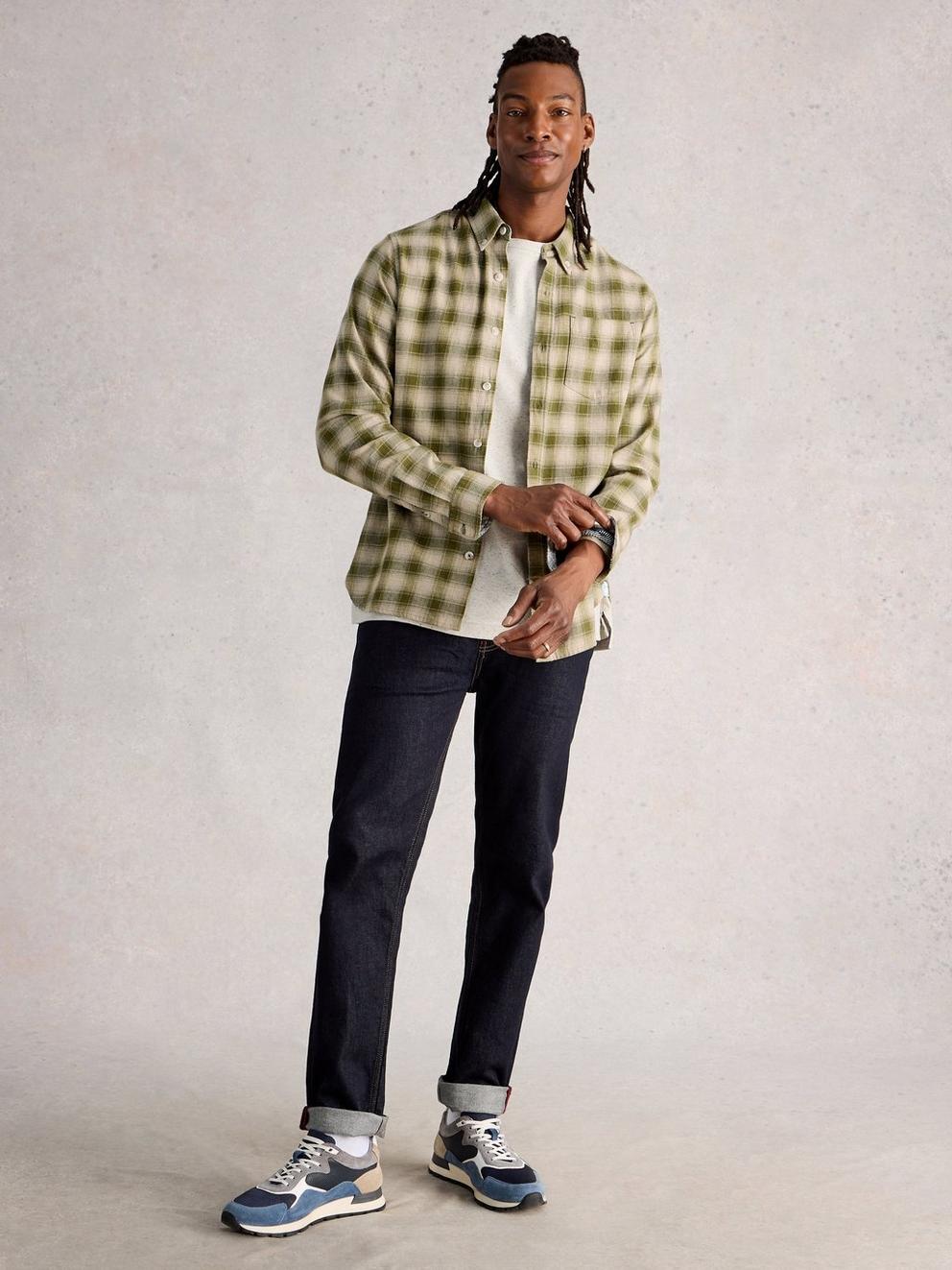 Ludlow Two Toned Check Shirt in GREEN MLT - MODEL FRONT