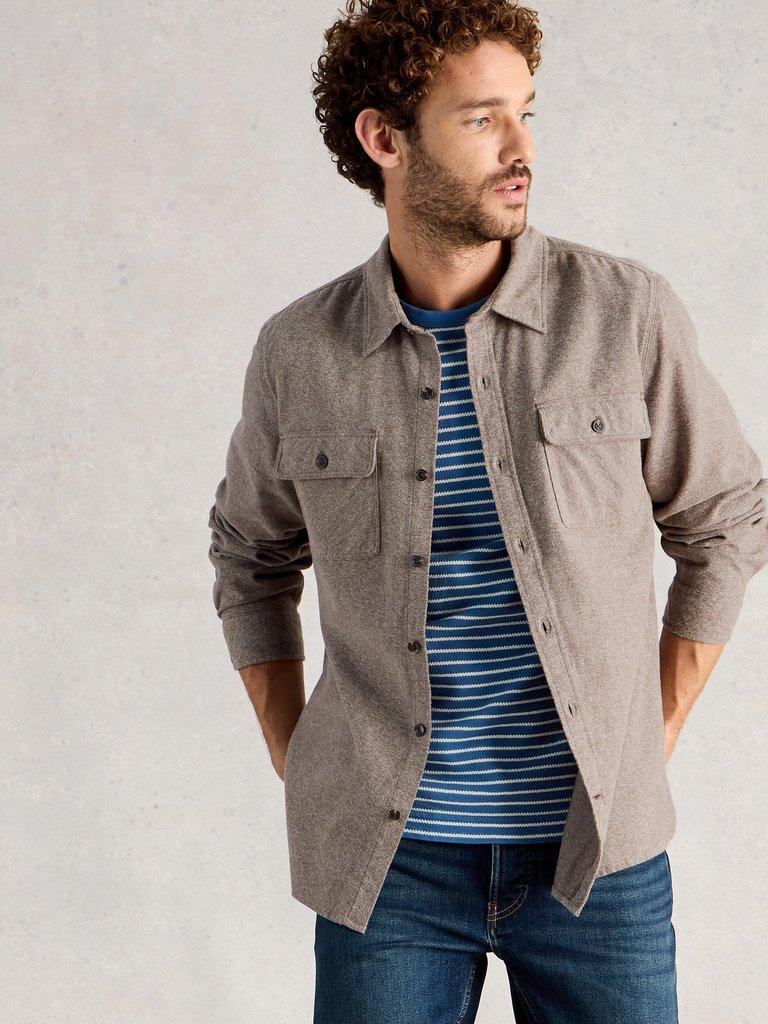 Darwen Grindle Shirt in LGT BROWN - MODEL DETAIL