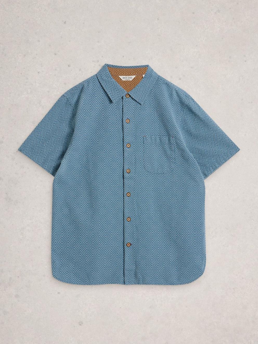 Tile Stitch SS Shirt in MID BLUE - FLAT FRONT