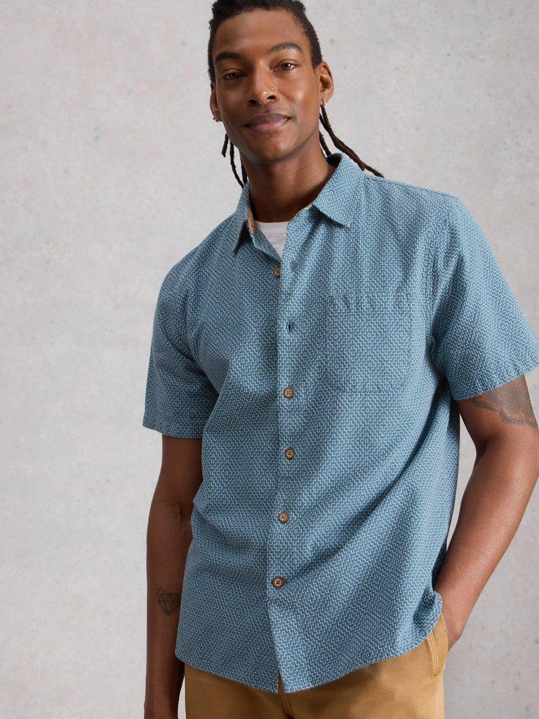 Tile Stitch SS Shirt in MID BLUE - MODEL DETAIL
