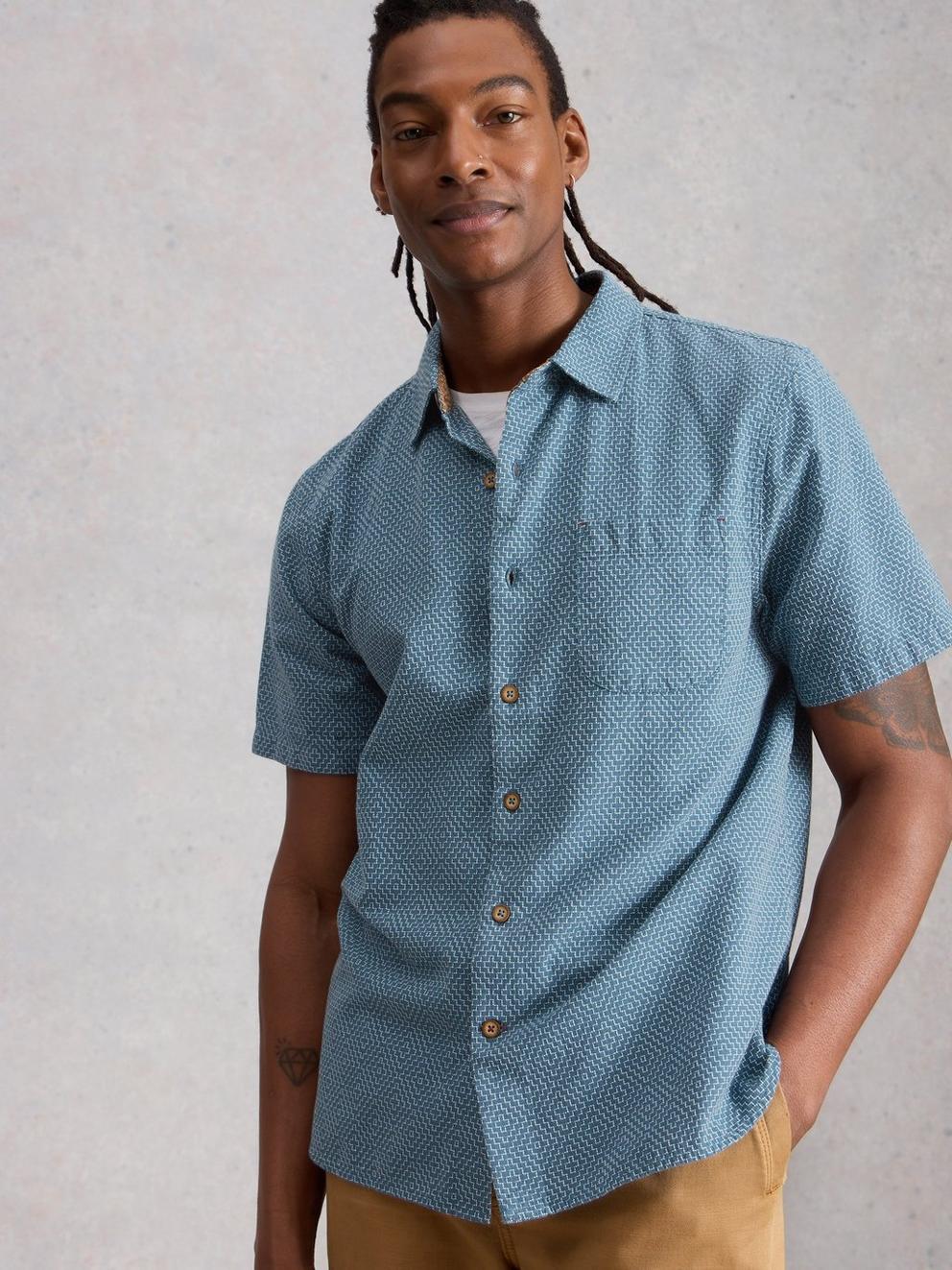 Tile Stitch SS Shirt in MID BLUE - MODEL DETAIL