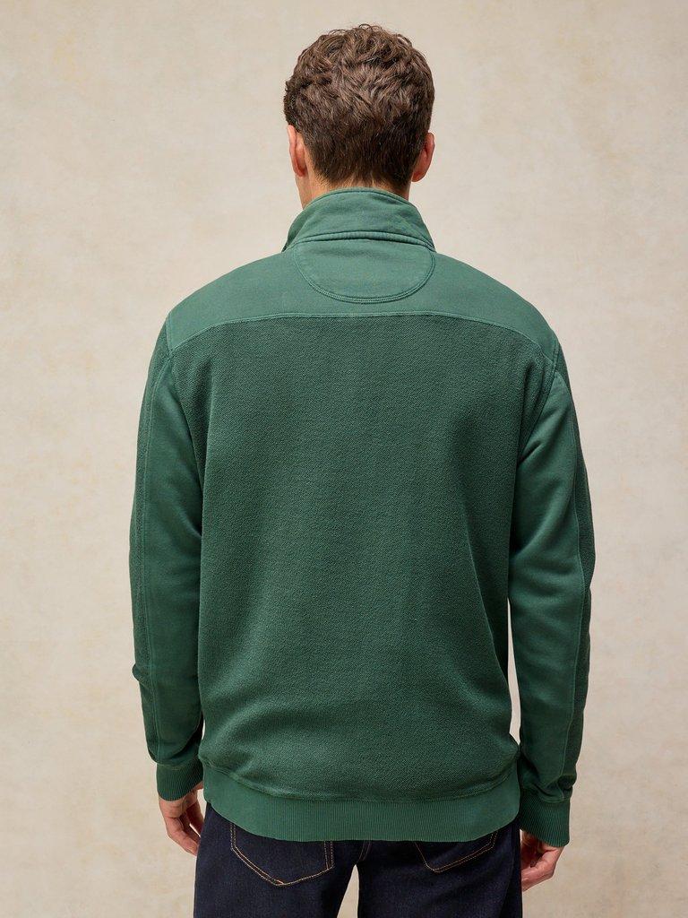 Sidmouth Half Zip in DK GREEN - MODEL BACK