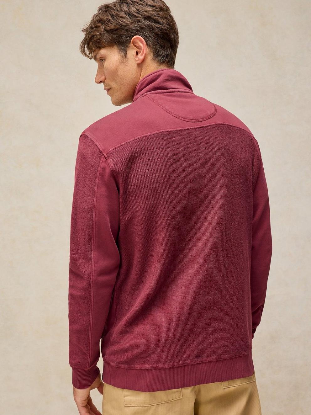 Sidmouth Half Zip in DK RED - MODEL BACK