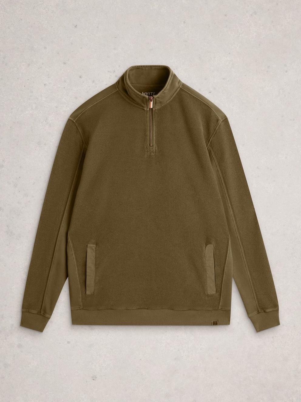 Sidmouth Half Zip in KHAKI GRN - FLAT FRONT