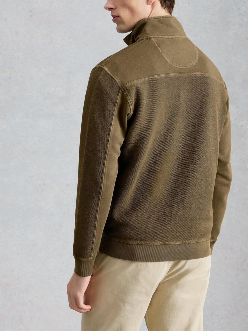 Sidmouth Half Zip in KHAKI GRN - MODEL BACK