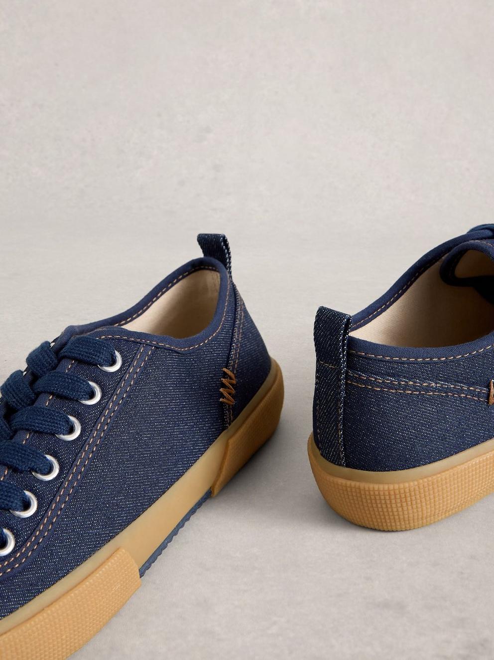 Pippa Lace Up Canvas Trainer in DK DENIM - FLAT DETAIL