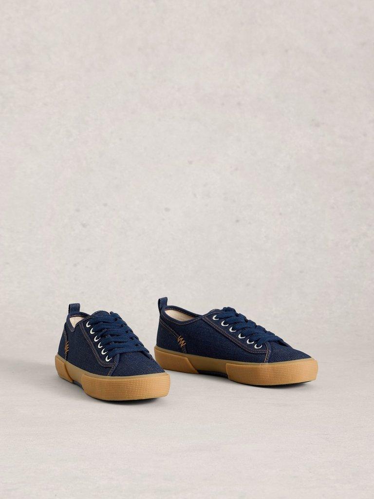 Pippa Lace Up Canvas Trainer in DK DENIM - FLAT FRONT