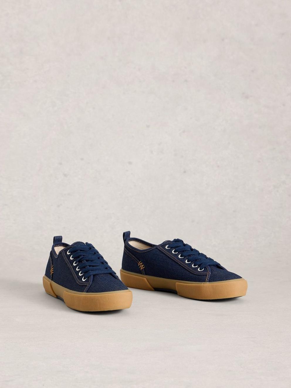Pippa Lace Up Canvas Trainer in DK DENIM - FLAT FRONT