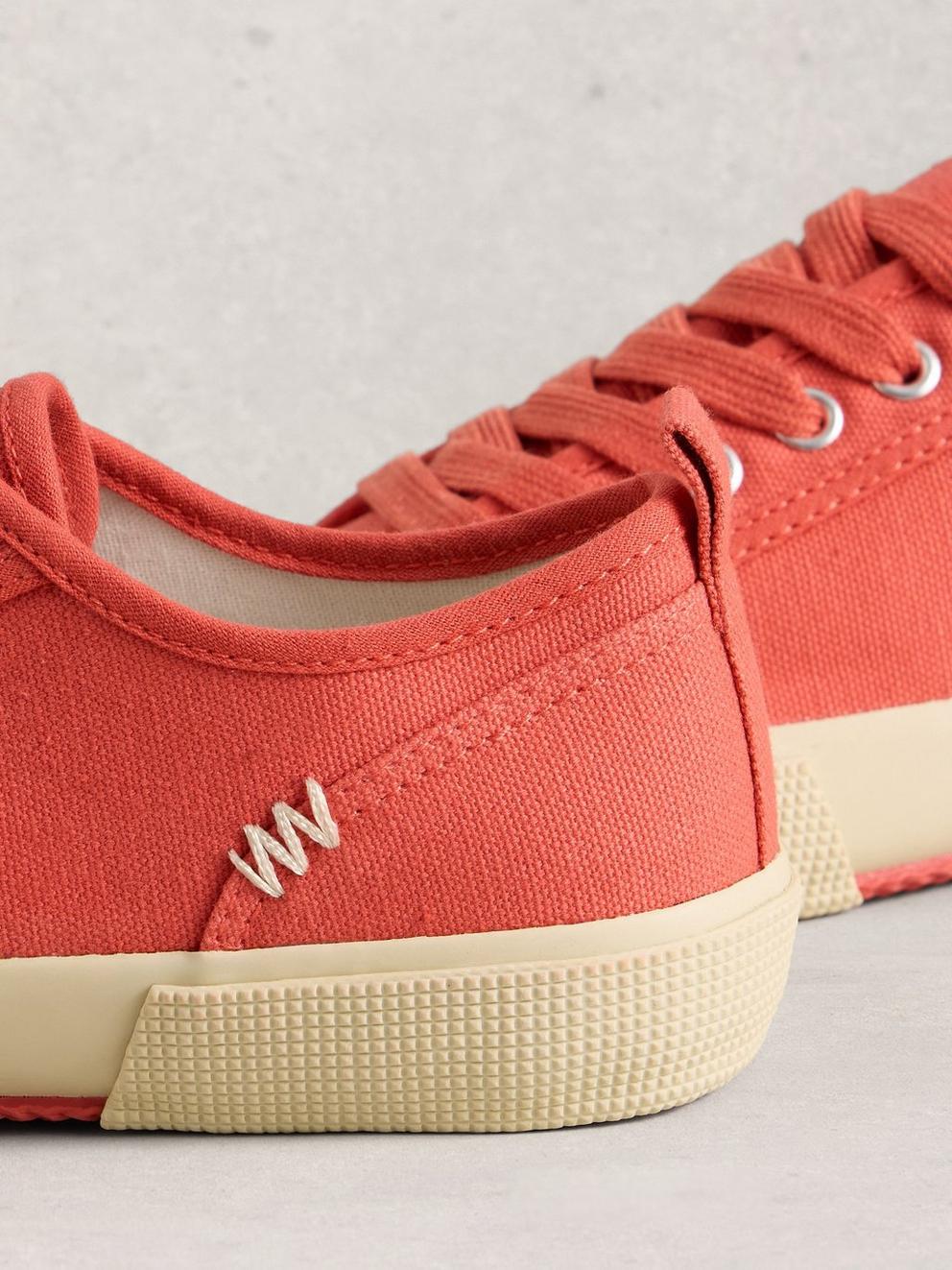 Pippa Lace Up Canvas Trainer in MID CORAL - FLAT DETAIL