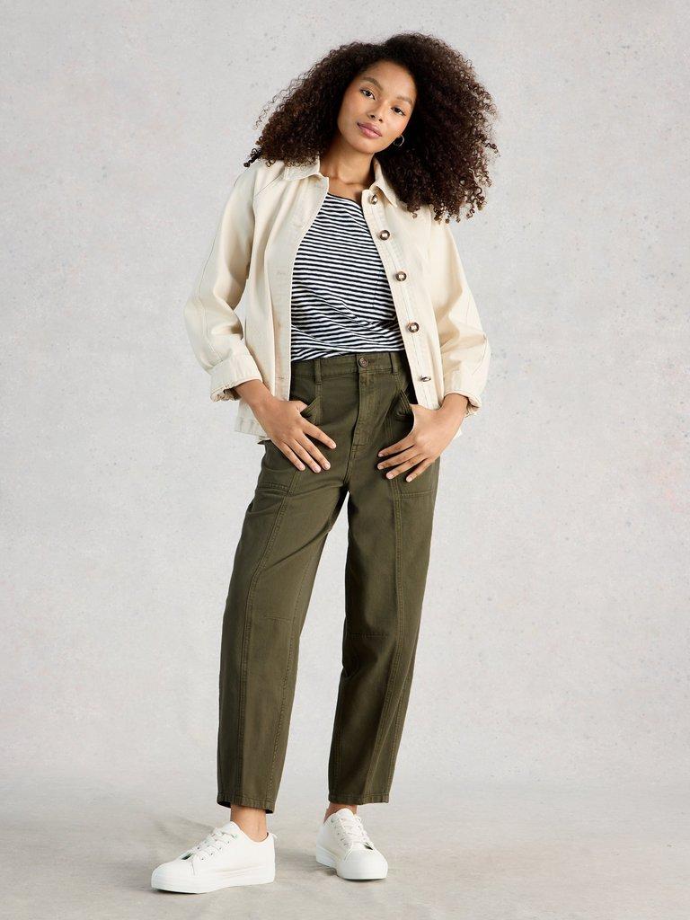 Aubrey Barrel Trouser in KHAKI GRN - MODEL FRONT