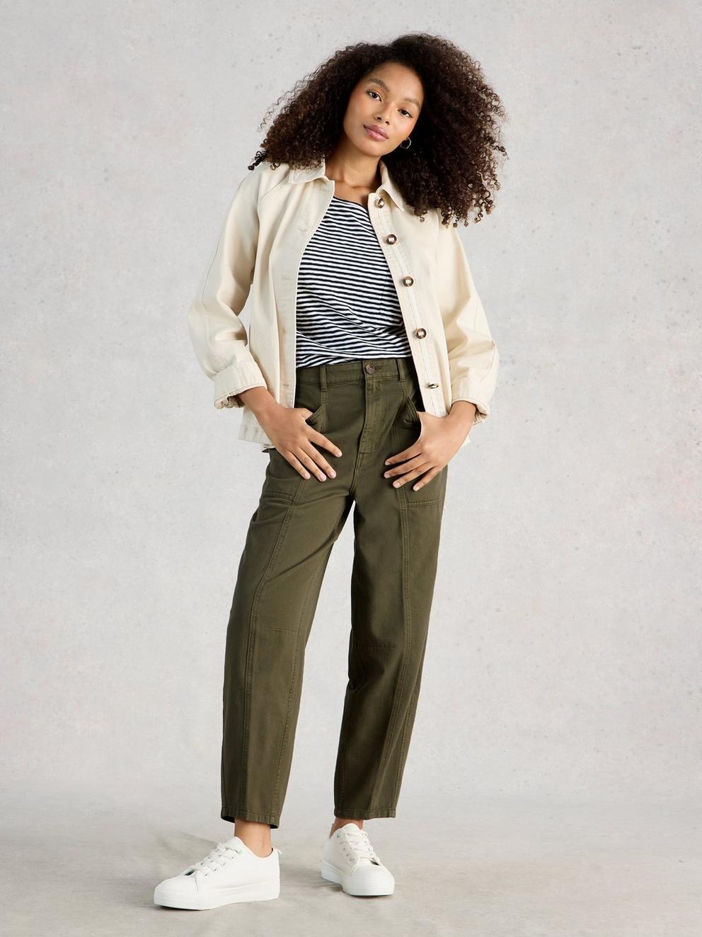 Aubrey Barrel Trouser in KHAKI GRN - MODEL FRONT