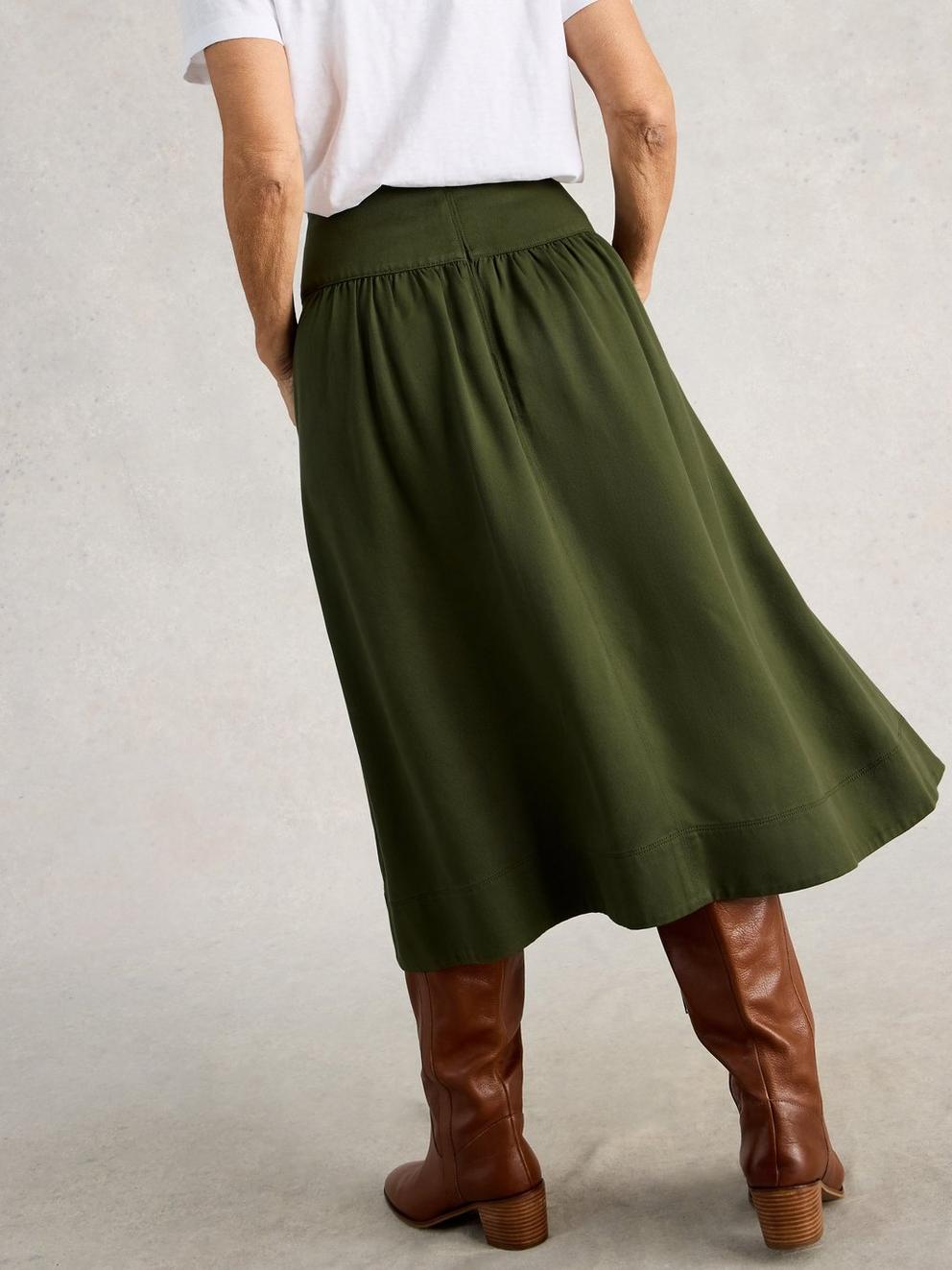 Charlotte Versatile Midi Skirt in KHAKI GRN - MODEL BACK