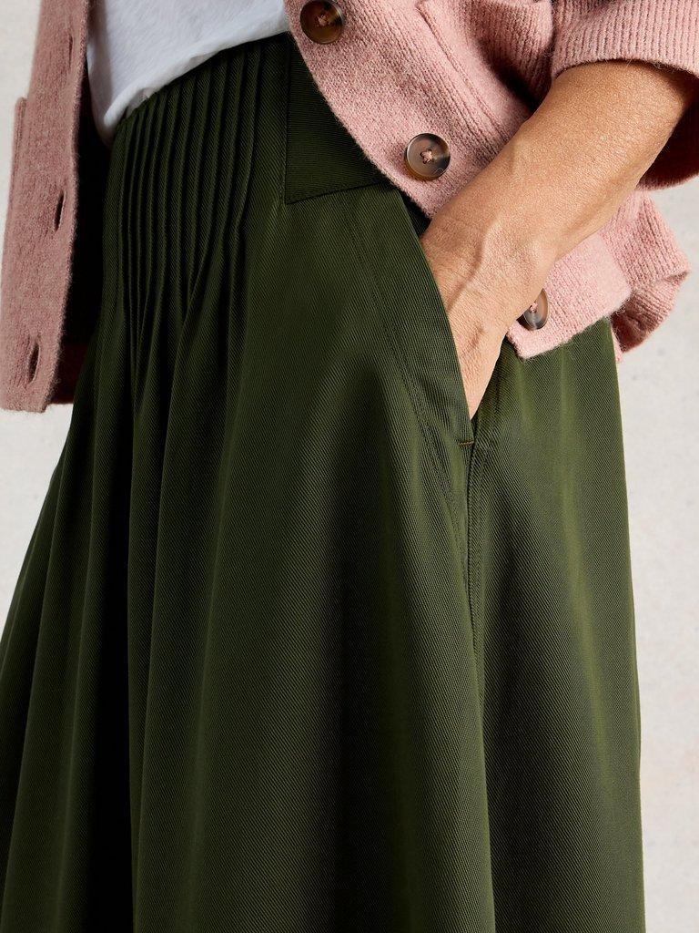 Charlotte Versatile Midi Skirt in KHAKI GRN - MODEL DETAIL