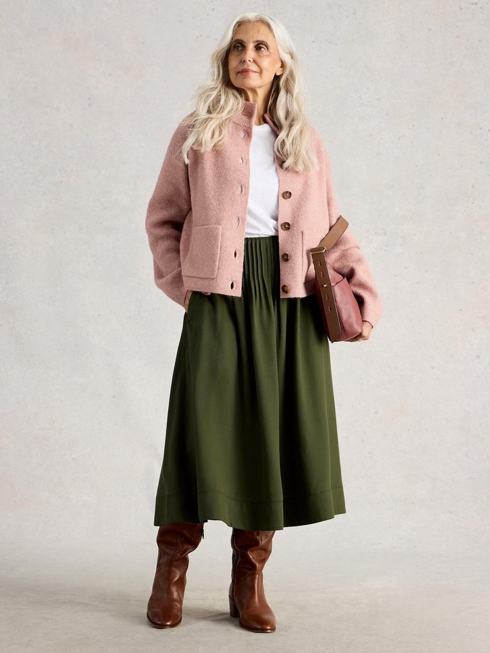 Charlotte Versatile Midi Skirt in KHAKI GRN - MODEL FRONT