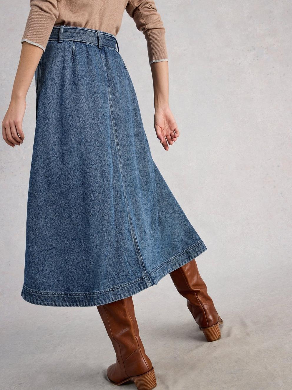 Lexi Denim Midi Skirt in MID DENIM - MODEL BACK