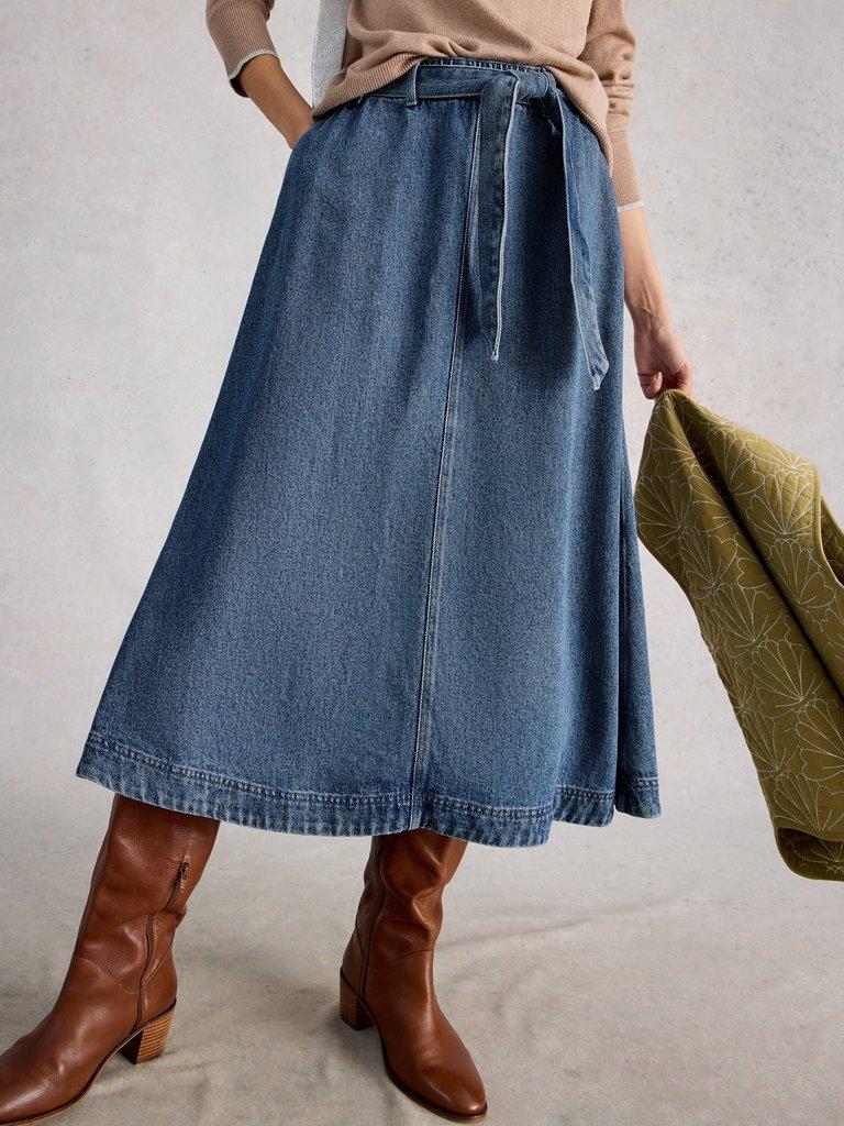 Lexi Denim Midi Skirt in MID DENIM - MODEL DETAIL