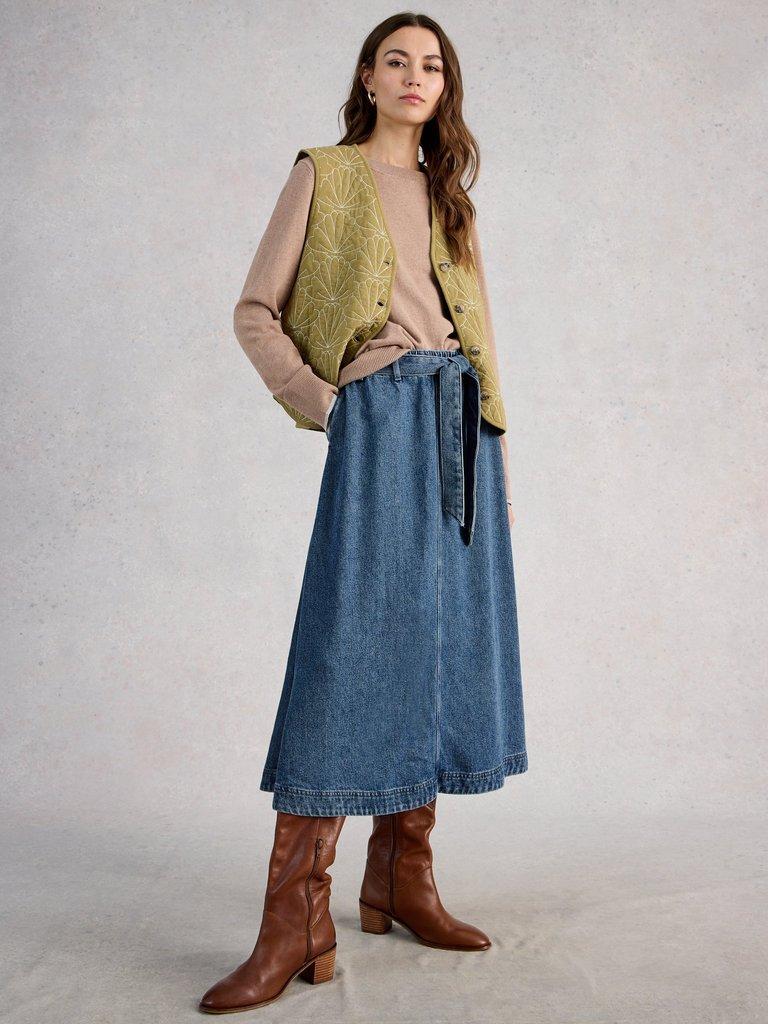 Lexi Denim Midi Skirt in MID DENIM - MODEL FRONT