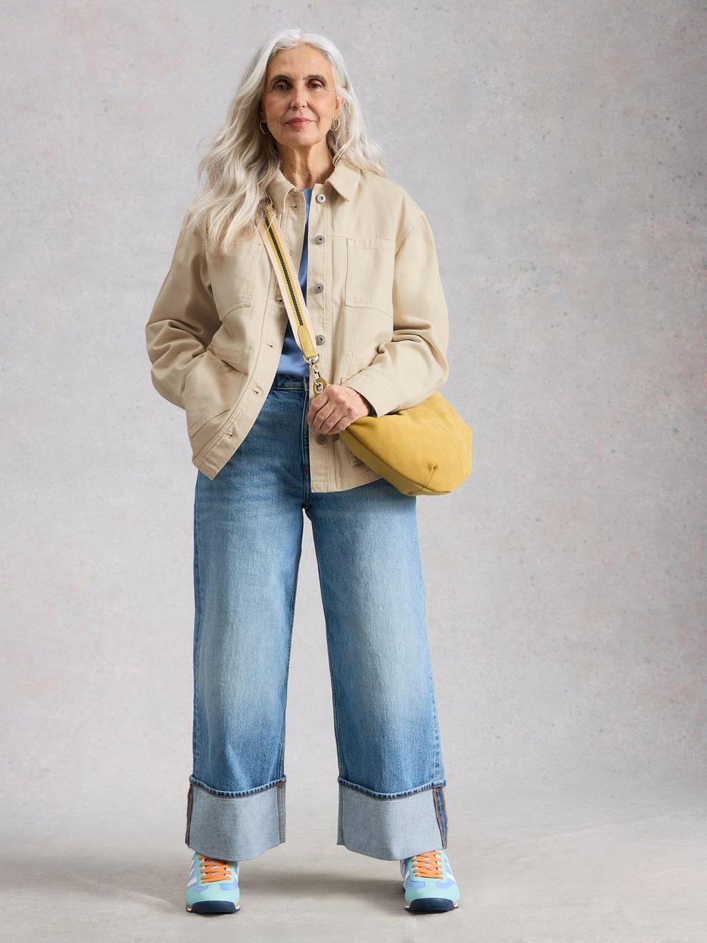 Luna Denim Jacket in LGT NAT - MODEL FRONT