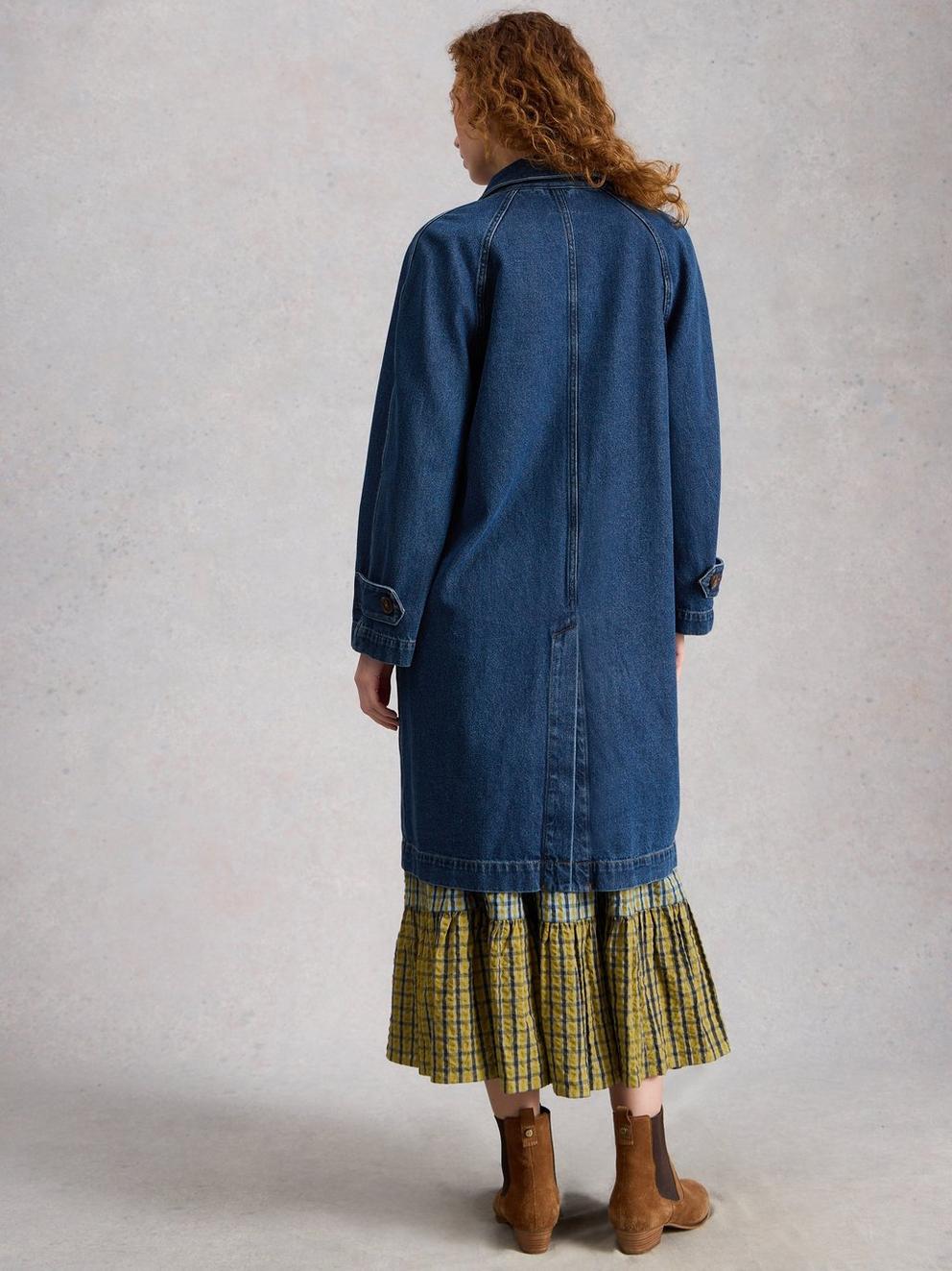 Oakleigh Collared Denim Coat in MID DENIM - MODEL BACK
