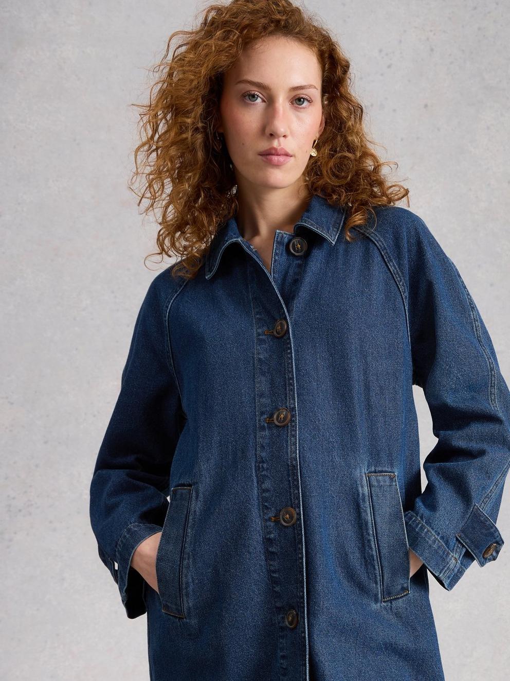 Oakleigh Collared Denim Coat in MID DENIM - MODEL DETAIL