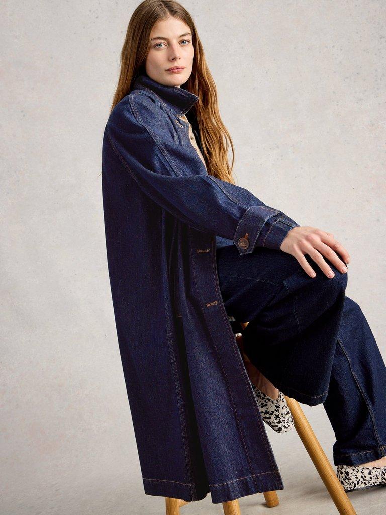 Oakleigh Denim Long Sleeve Coat in DK DENIM - MODEL DETAIL