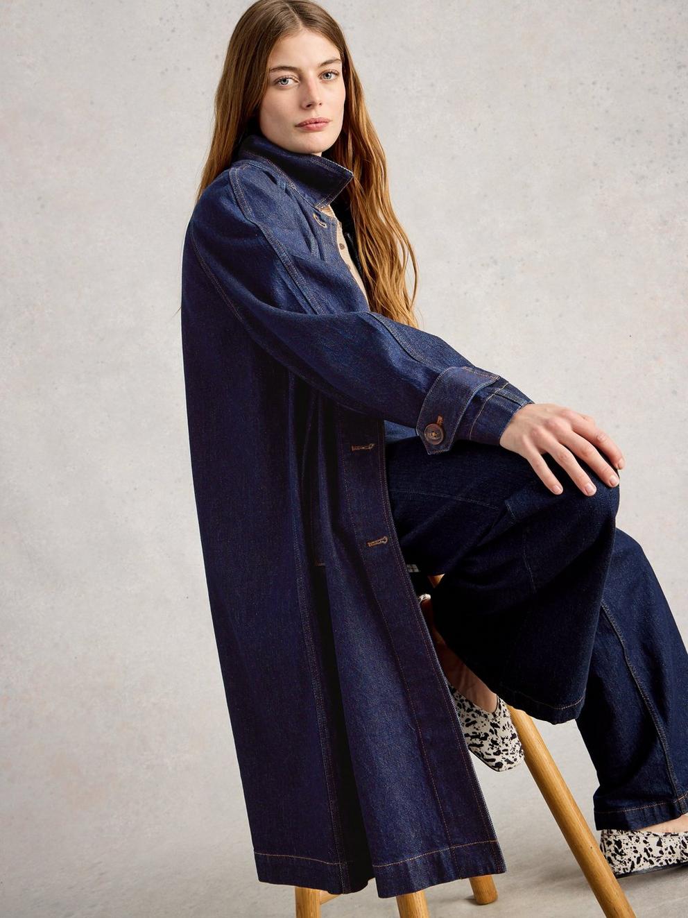 Oakleigh Denim Long Sleeve Coat in DK DENIM - MODEL DETAIL