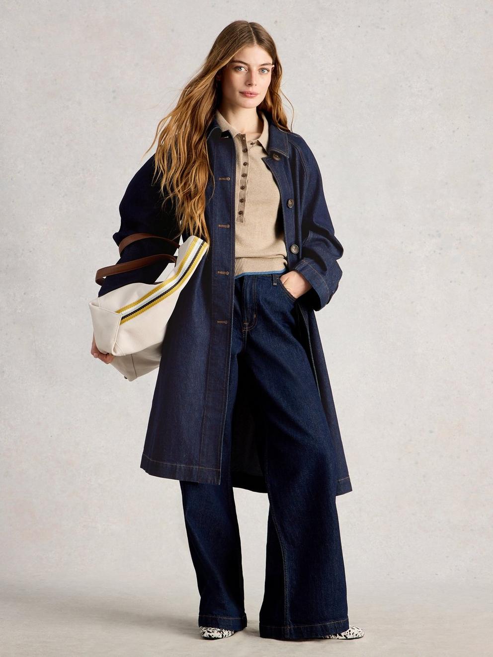 Oakleigh Denim Long Sleeve Coat in DK DENIM - MODEL FRONT