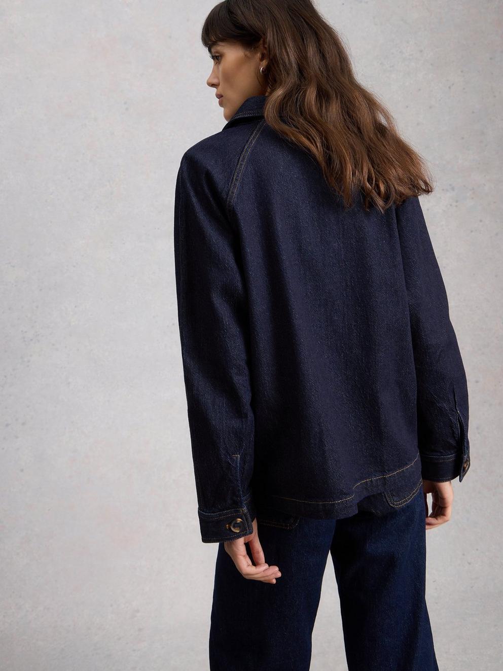 Denim Eden Collared Jacket in DK DENIM - MODEL BACK