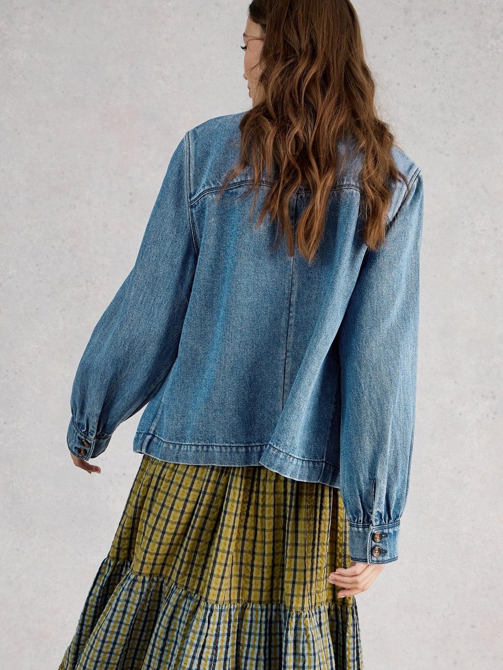 Demi Utility Denim Jacket in MID DENIM - MODEL BACK