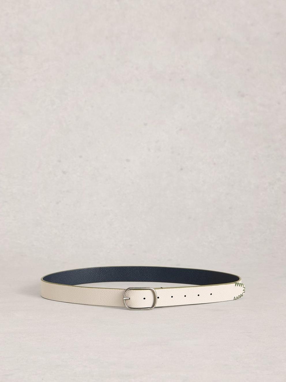 Leather Reversible Belt in NAVY MULTI - FLAT BACK