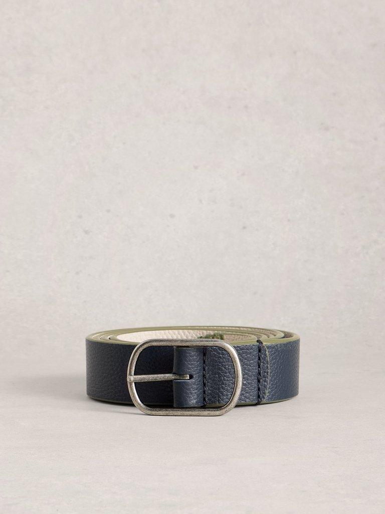 Leather Reversible Belt in NAVY MULTI - FLAT FRONT