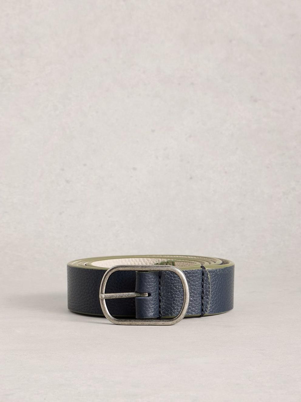 Leather Reversible Belt in NAVY MULTI - FLAT FRONT