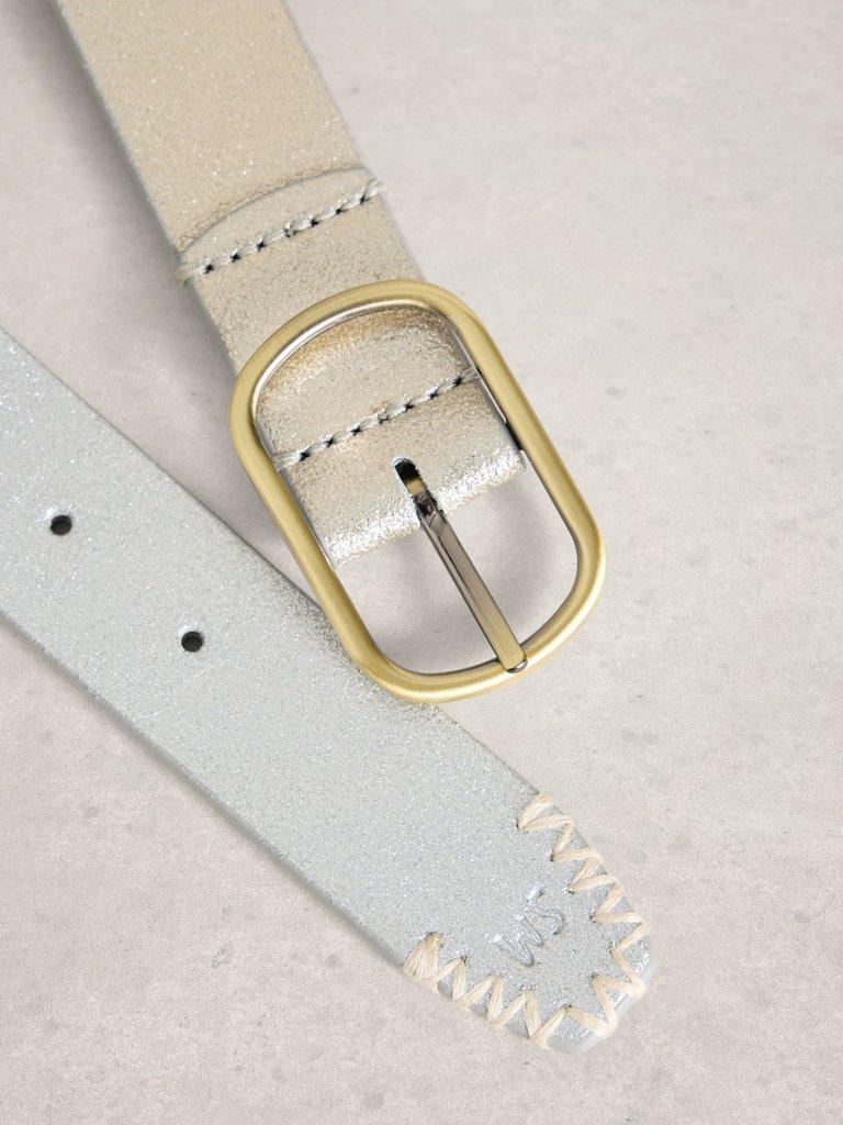 Leather Reversible Belt in SLV TN MET - FLAT DETAIL