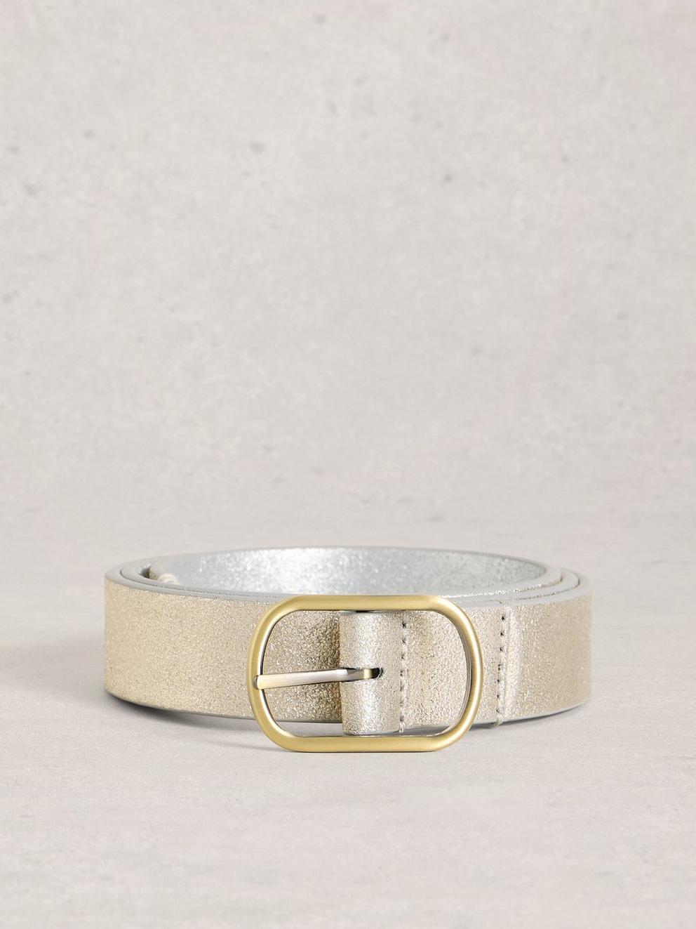 Leather Reversible Belt in SLV TN MET - FLAT FRONT