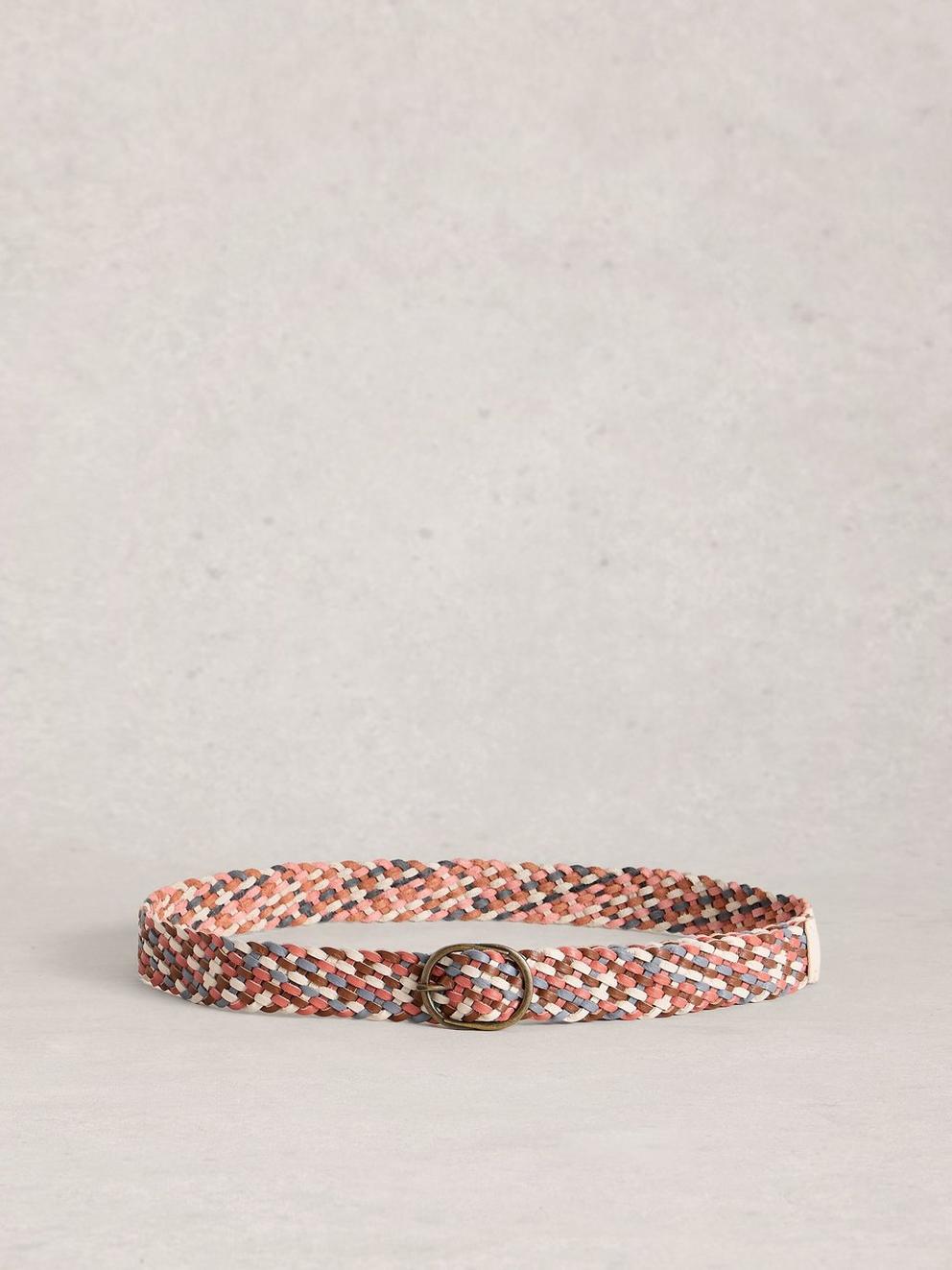 Leather Weave Buckle Belt in BLUE MLT - FLAT BACK