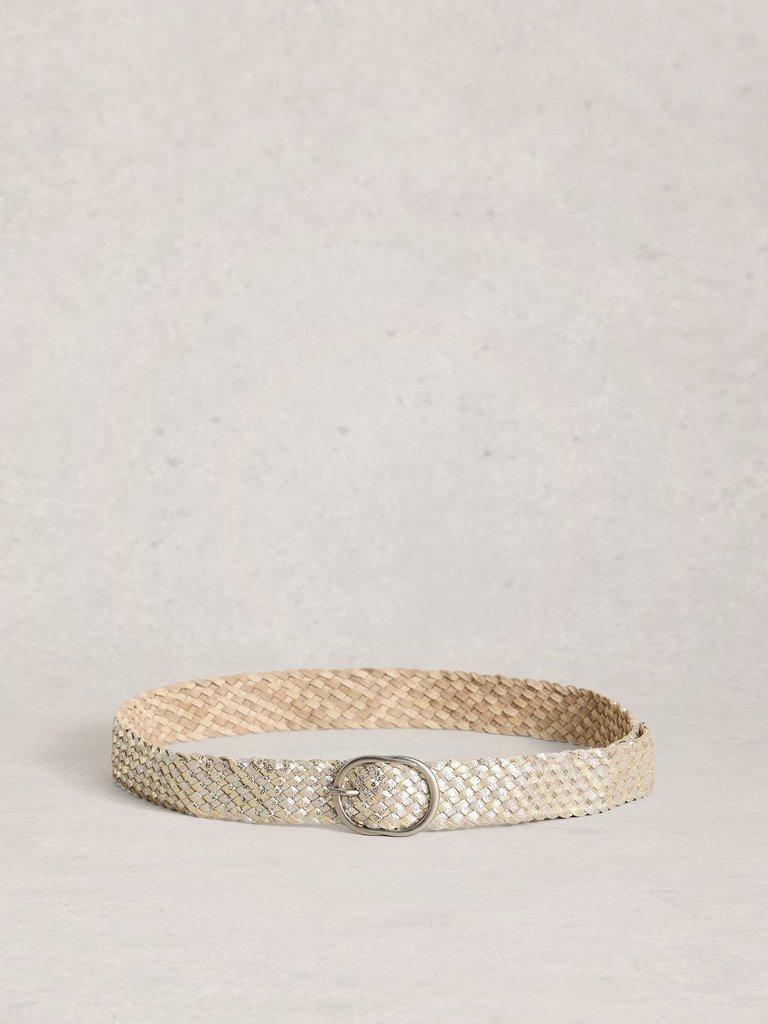 Leather Weave Buckle Belt in MIXED MET - FLAT BACK