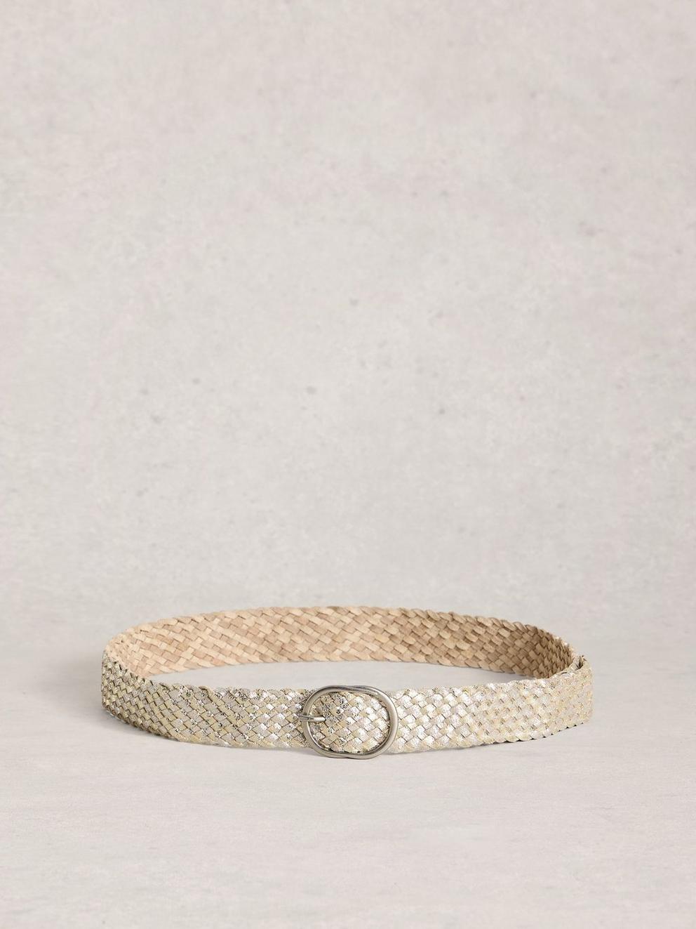 Leather Weave Buckle Belt in MIXED MET - FLAT BACK