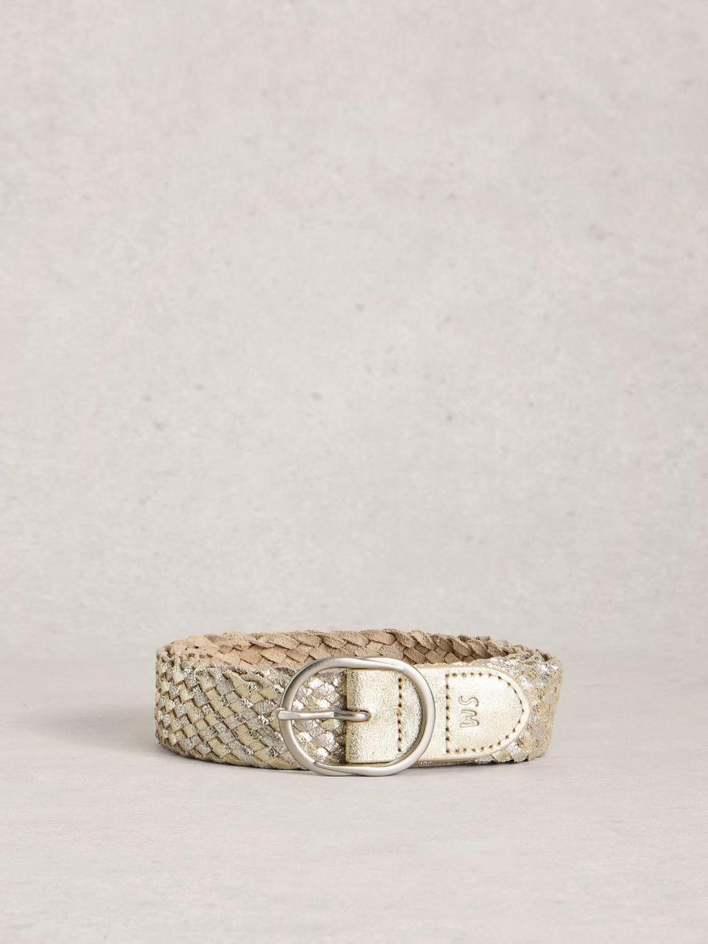 Leather Weave Buckle Belt in MIXED MET - FLAT FRONT