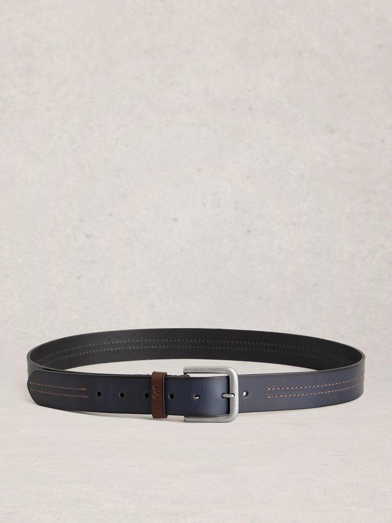 Double Stitch Leather Buckle Belt in DARK NAVY - FLAT BACK