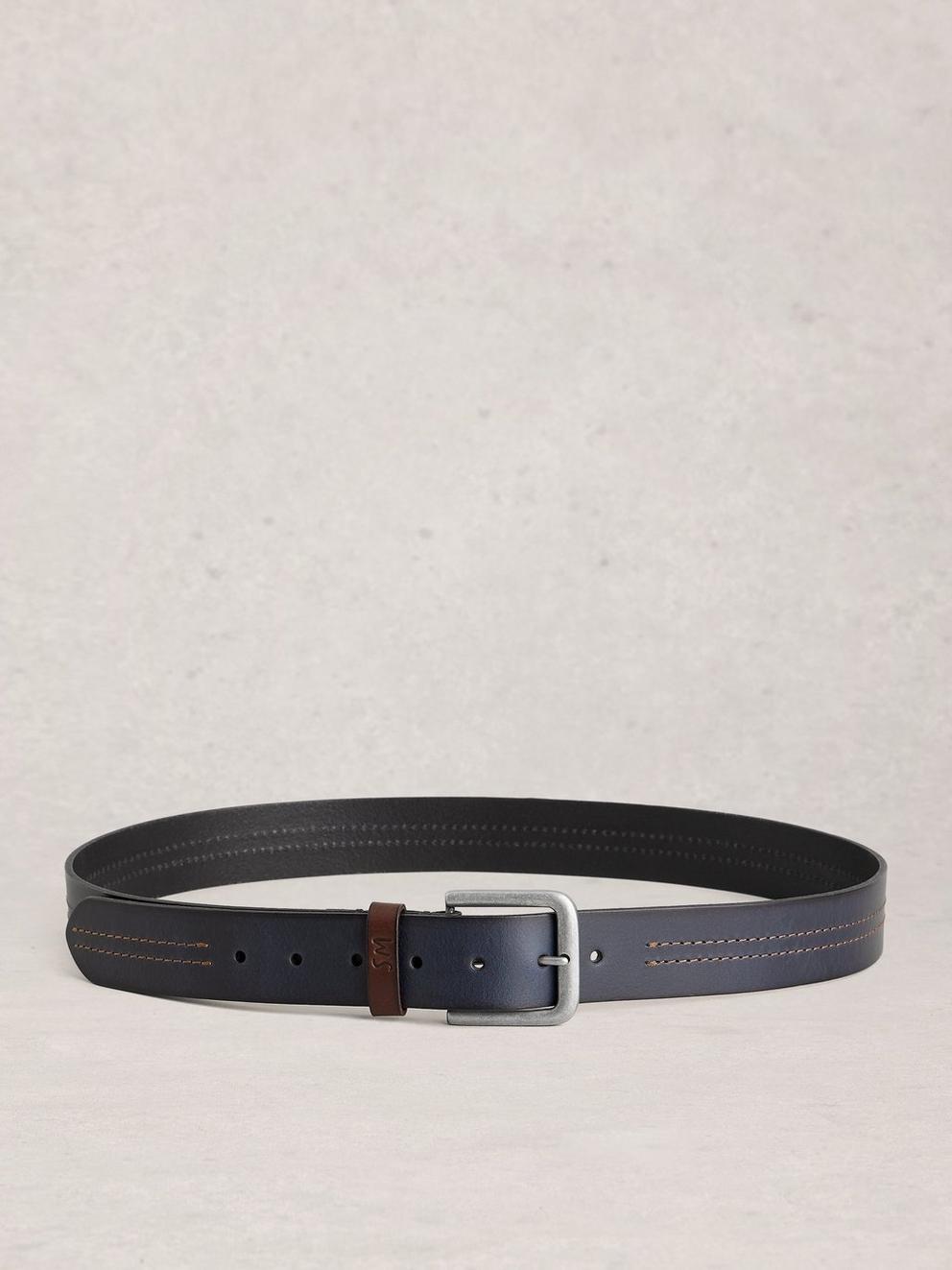 Double Stitch Leather Buckle Belt in DARK NAVY - FLAT BACK