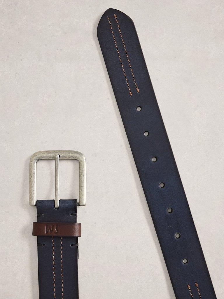 Double Stitch Leather Buckle Belt in DARK NAVY - FLAT DETAIL