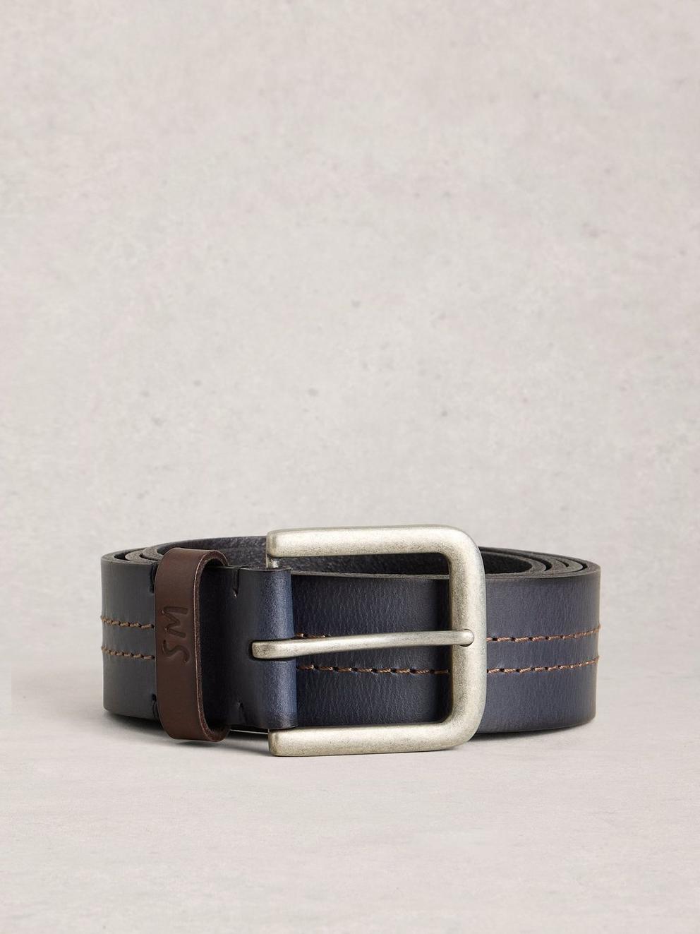 Double Stitch Leather Buckle Belt in DARK NAVY - FLAT FRONT