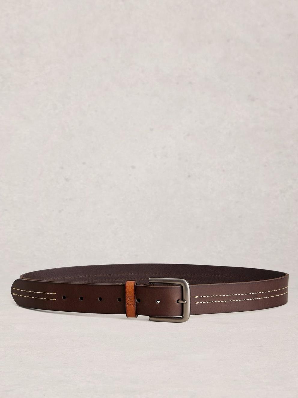 Double Stitch Leather Buckle Belt in DK BROWN - FLAT BACK