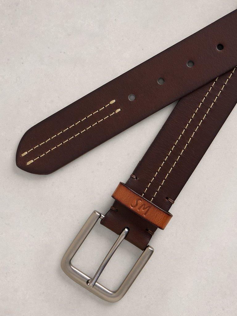 Double Stitch Leather Buckle Belt in DK BROWN - FLAT DETAIL