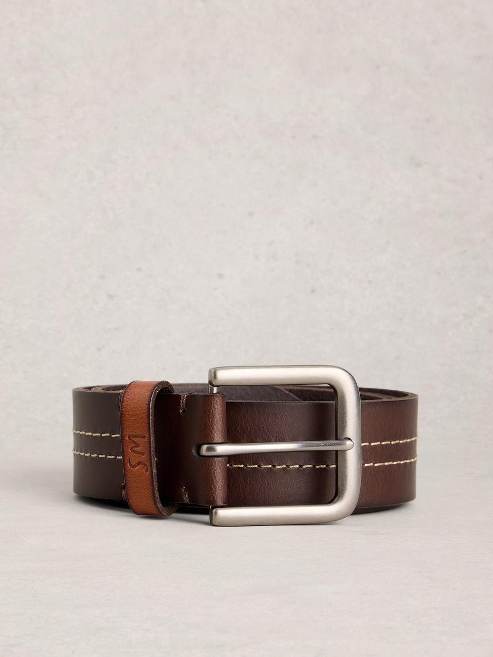 Double Stitch Leather Buckle Belt in DK BROWN - FLAT FRONT