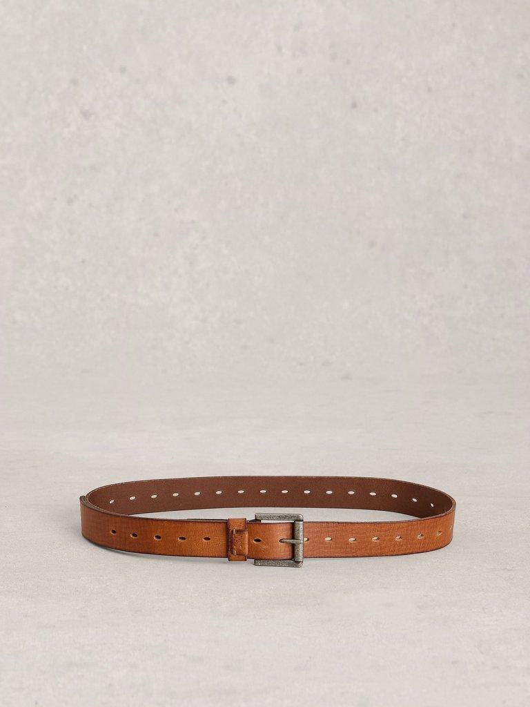 Multi Punch Leather Buckel Belt in MID TAN - FLAT BACK