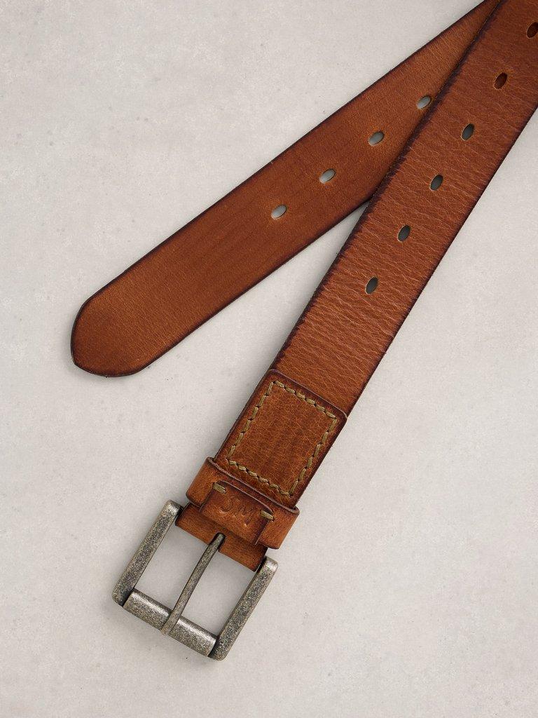 Multi Punch Leather Buckel Belt in MID TAN - FLAT DETAIL