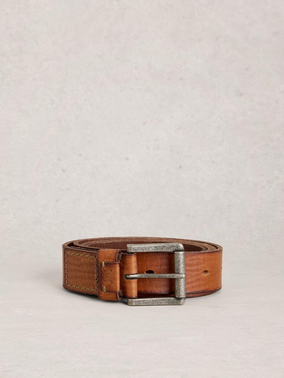 Multi Punch Leather Buckel Belt in MID TAN - FLAT FRONT
